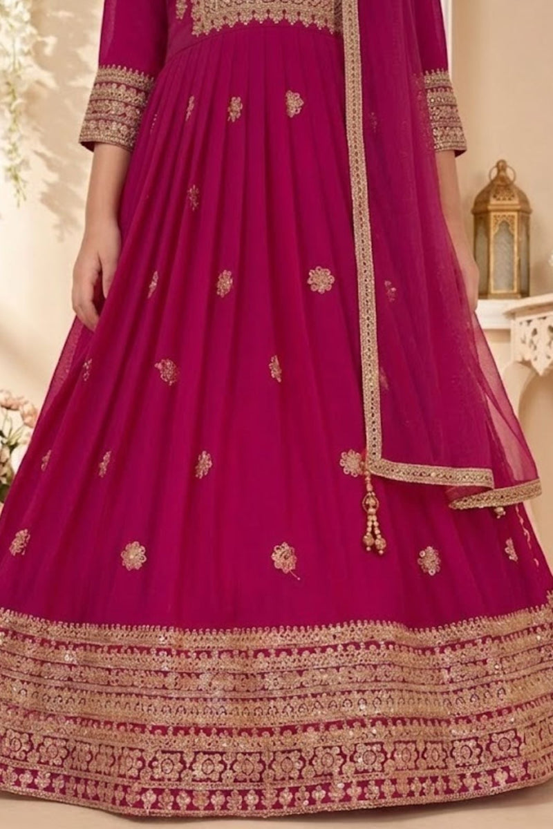 Rani Pink Embroidered Anarkali Ethnic Gown with Dupatta For Girls