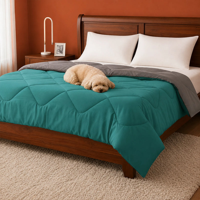 Fort - Box Stitch Duvet Comforter (Teal & Light Grey)-4