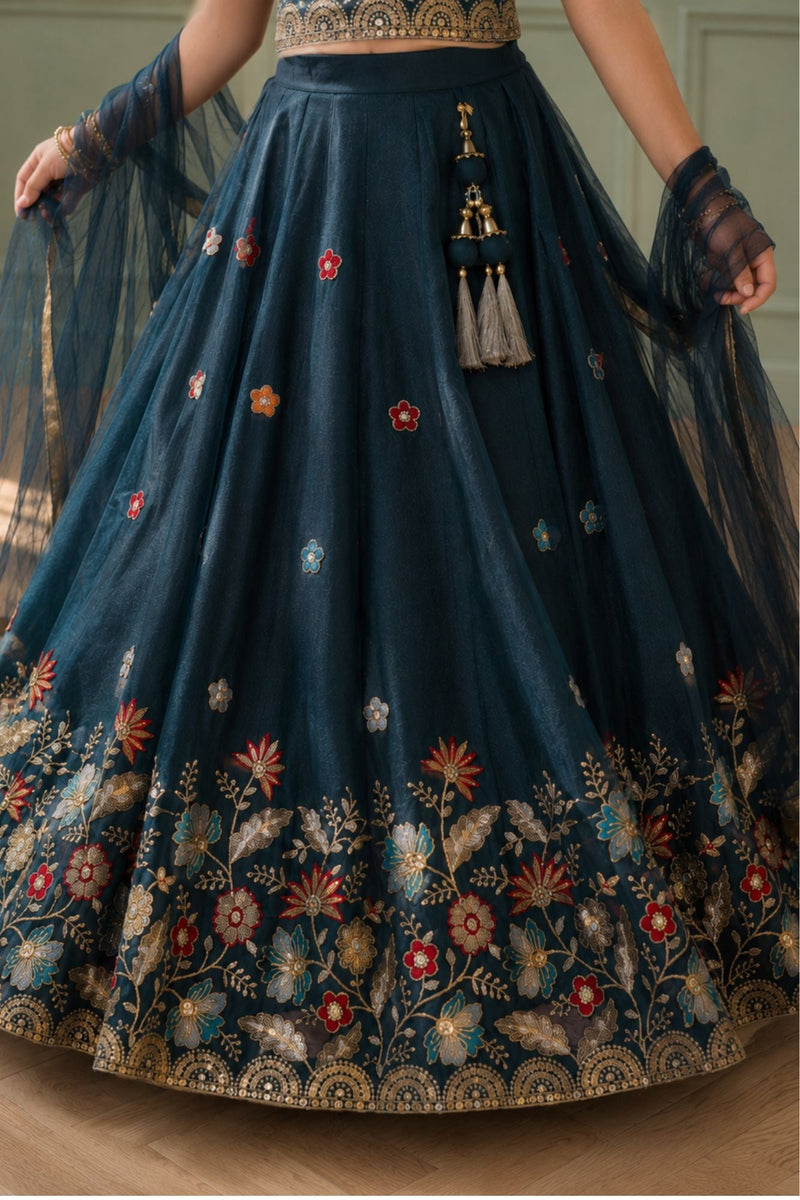 Deep Teal Blue Embroidered Lehenga Choli Set with Net Dupatta For Girls