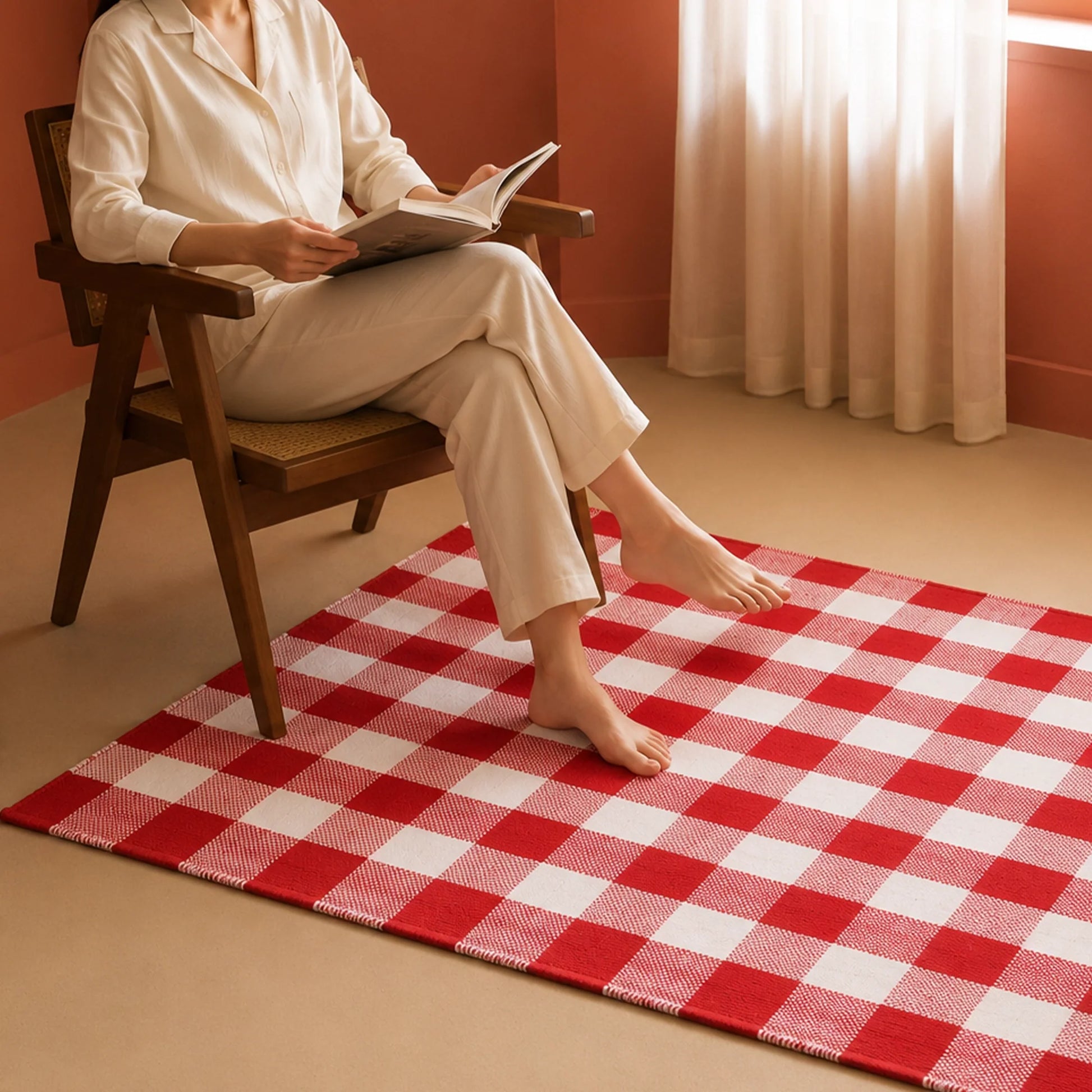 Breton Shadowplay - Plaid Rug (Red & White)-5