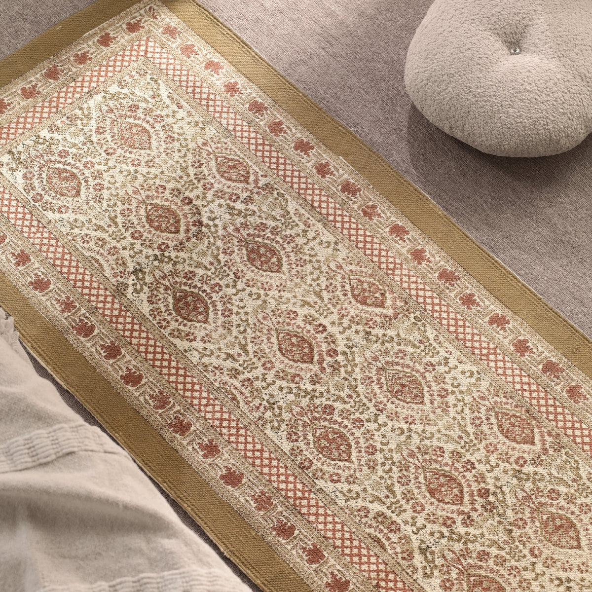 Cotton Floor Rug for Living Room and Bedroom hand block printed in Ivory and Rust Colour | Soft Washable Area Rug
