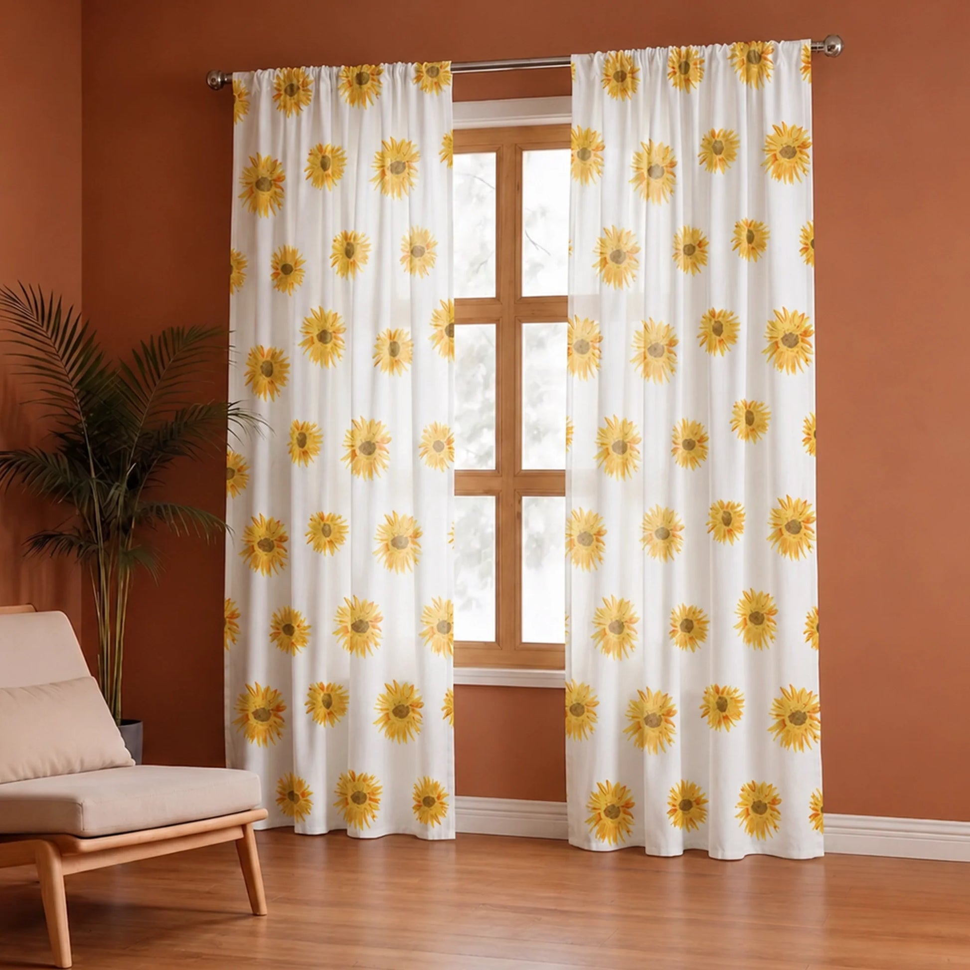 Yellow Sunflower Printed Rod Pocket Duck Curtain-4