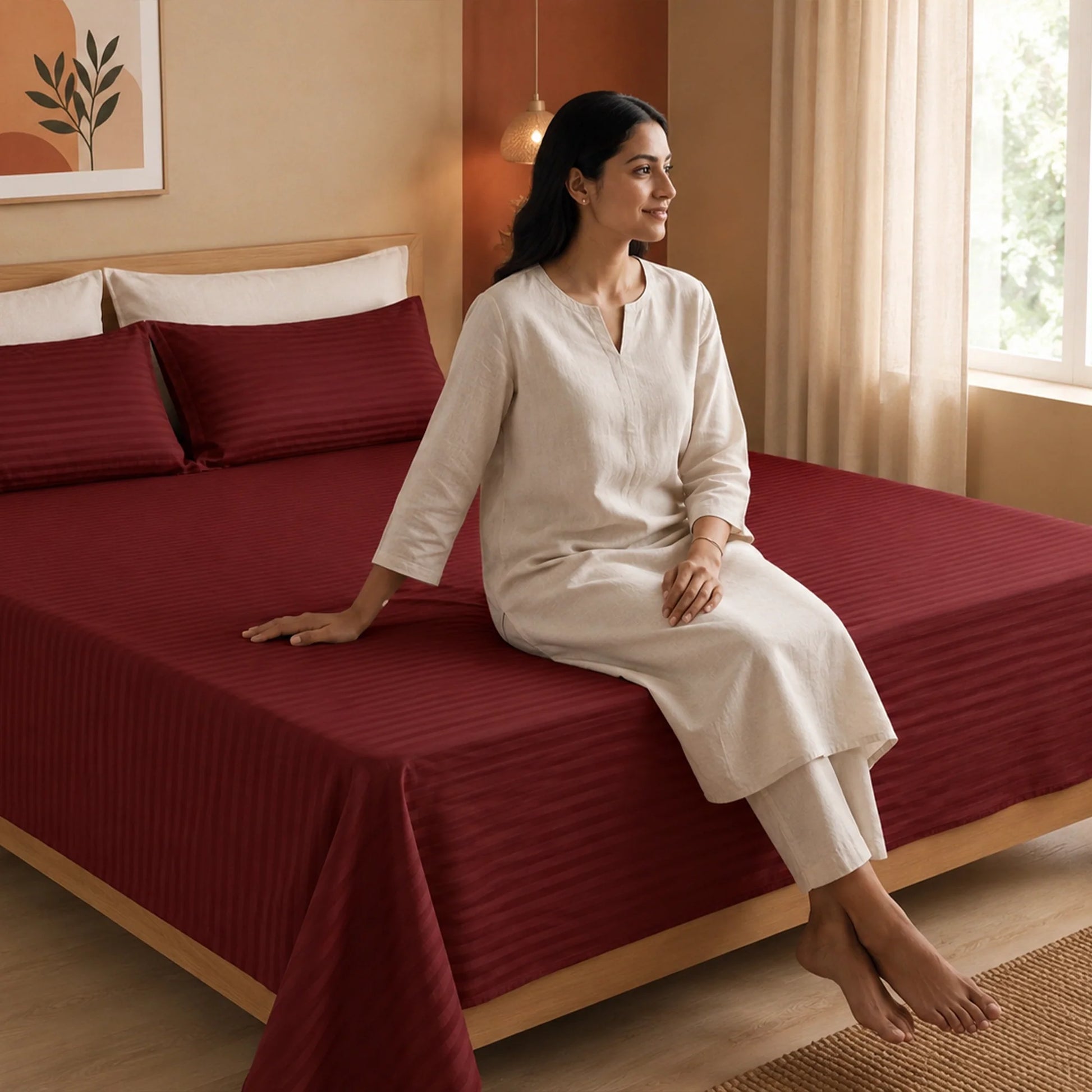 Breton Nap - Satin Stripes Bedsheet (Maroon)-4