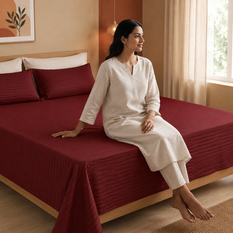 Breton Nap - Satin Stripes Bedsheet (Maroon)-4