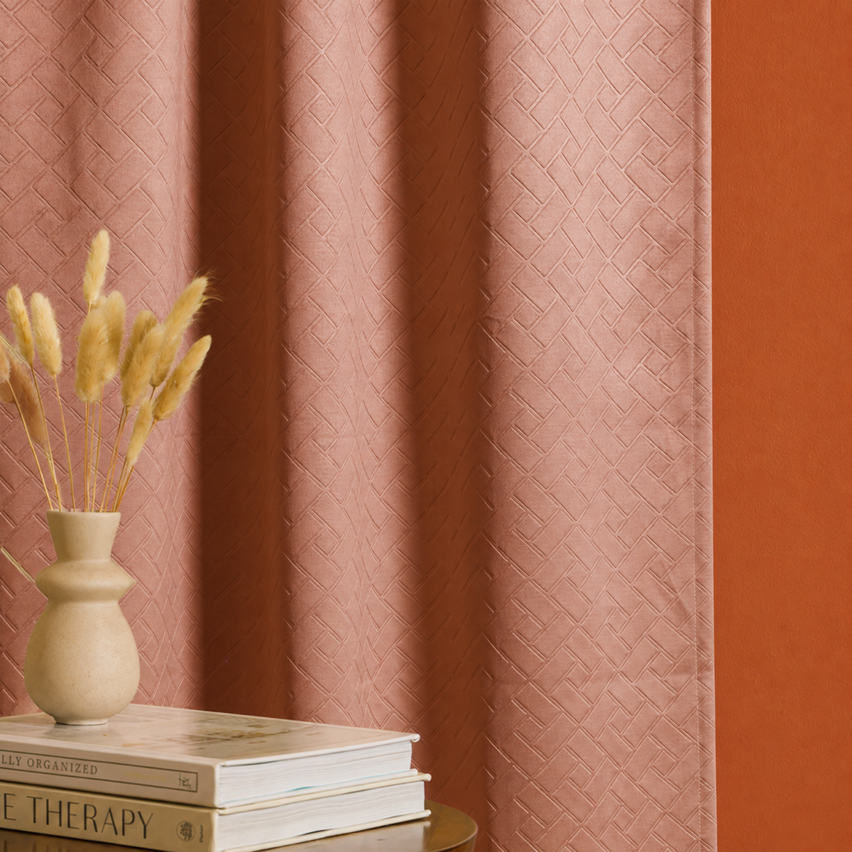 Peach Embossed Blackout Curtain (Brick Lace - Rod Pocket)-4
