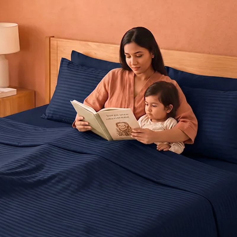 Breton Doze - Satin Stripe Reversible Dohar Blanket (Dark Blue)-4