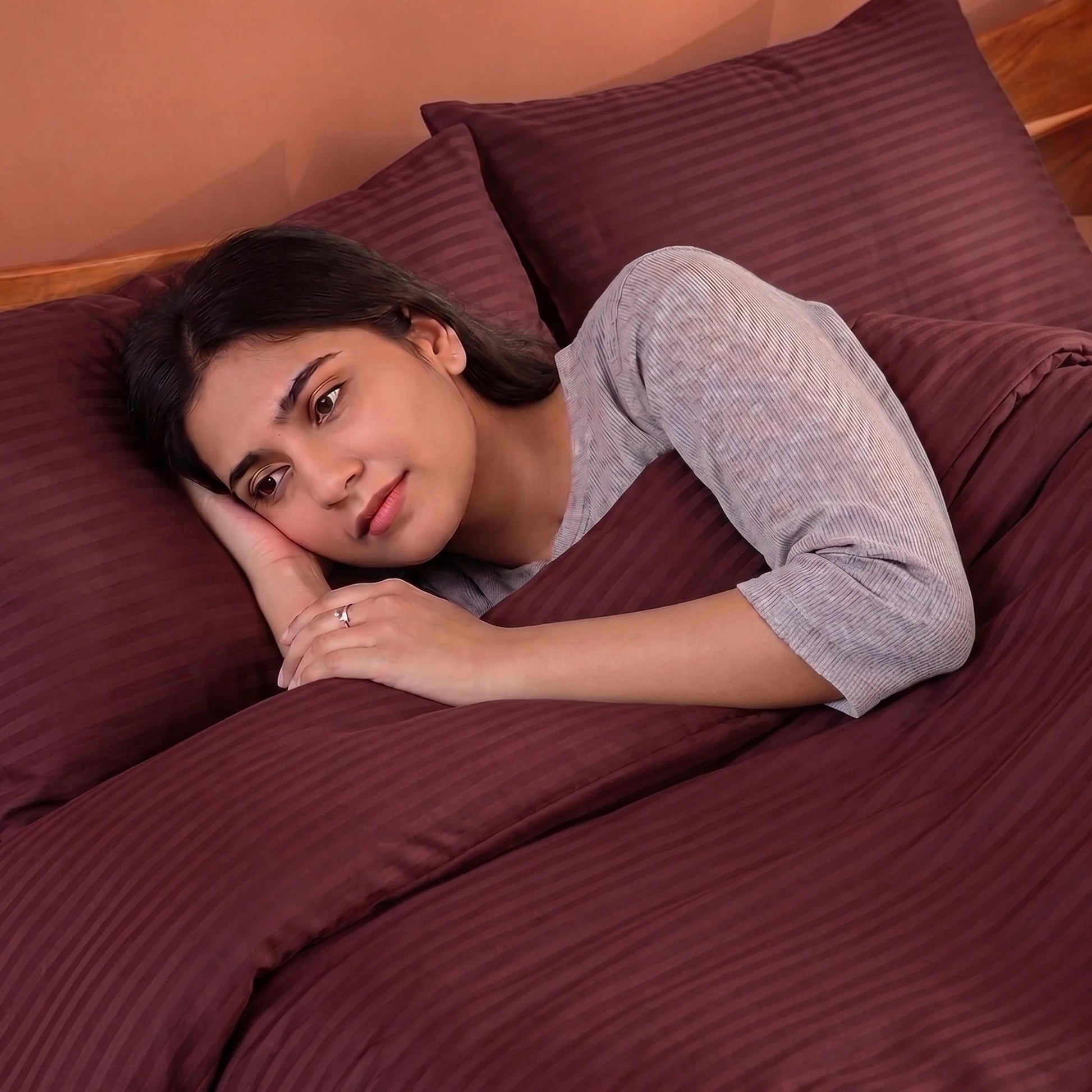Breton Mellow - Satin Striped Duvet Cover (Maroon)-4