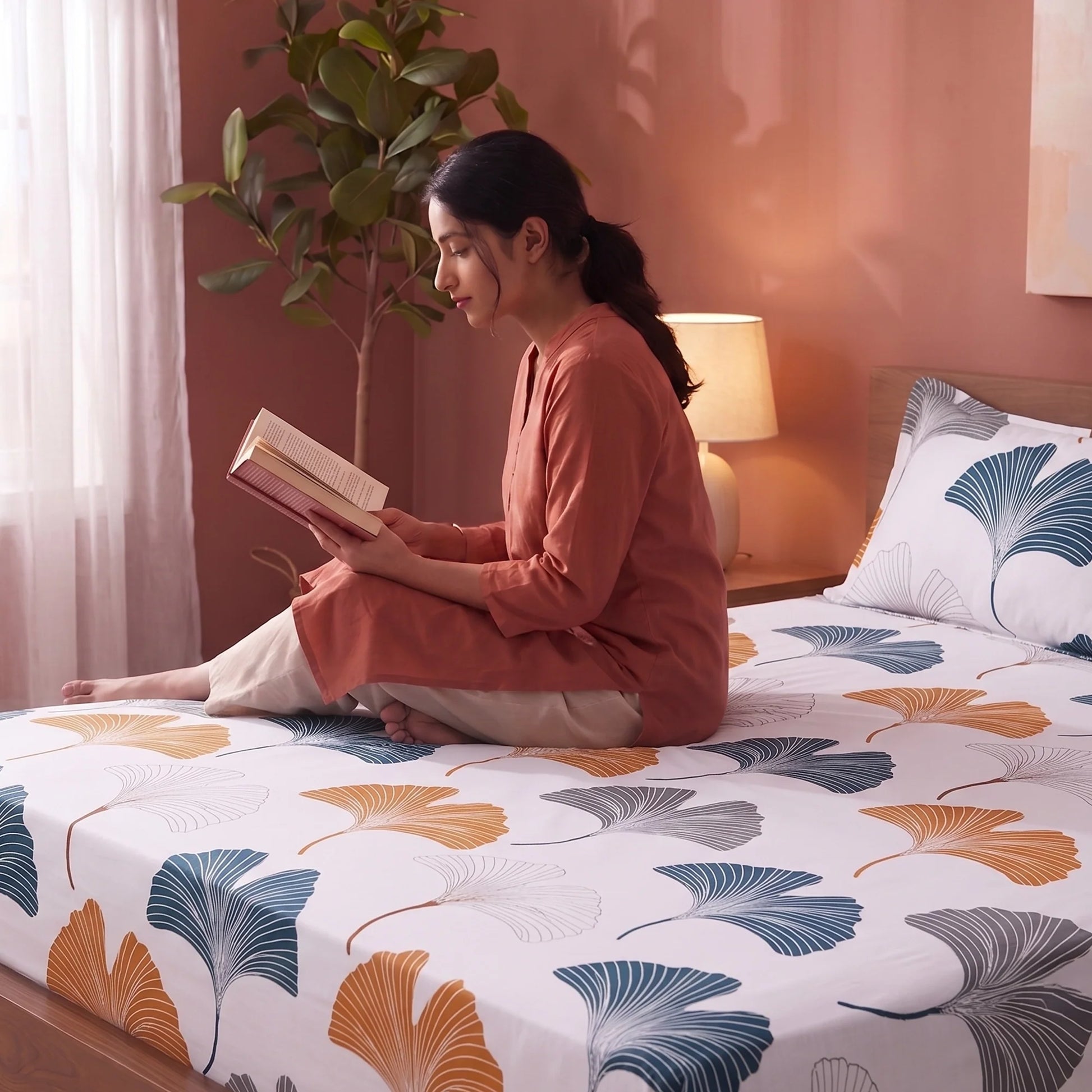 Imprimer Ginkyo - Floral Printed Fitted Bedsheet (Mustard & Grey)-4