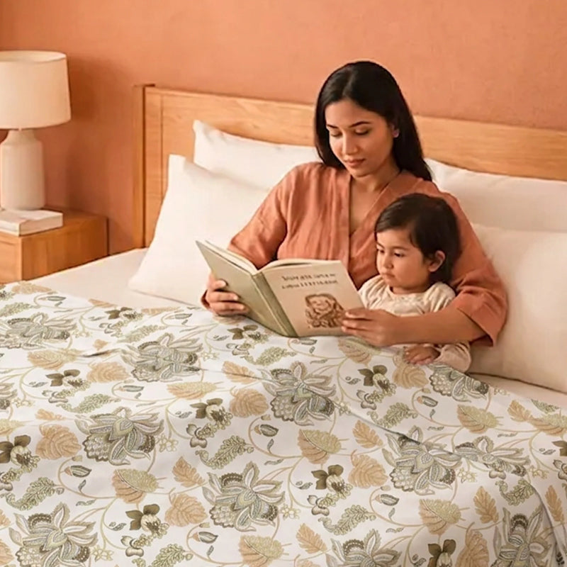Imprimer Symphony - Floral Printed Dohar (White & Dark Camel)-4