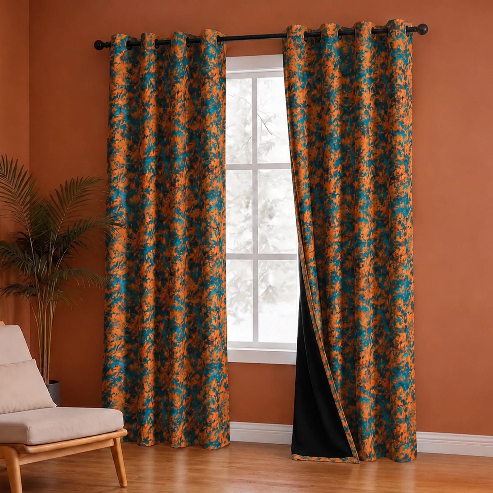 Imprimer Abstract - Digital Printed Blackout Curtain (Turquoise & Mustard)-4