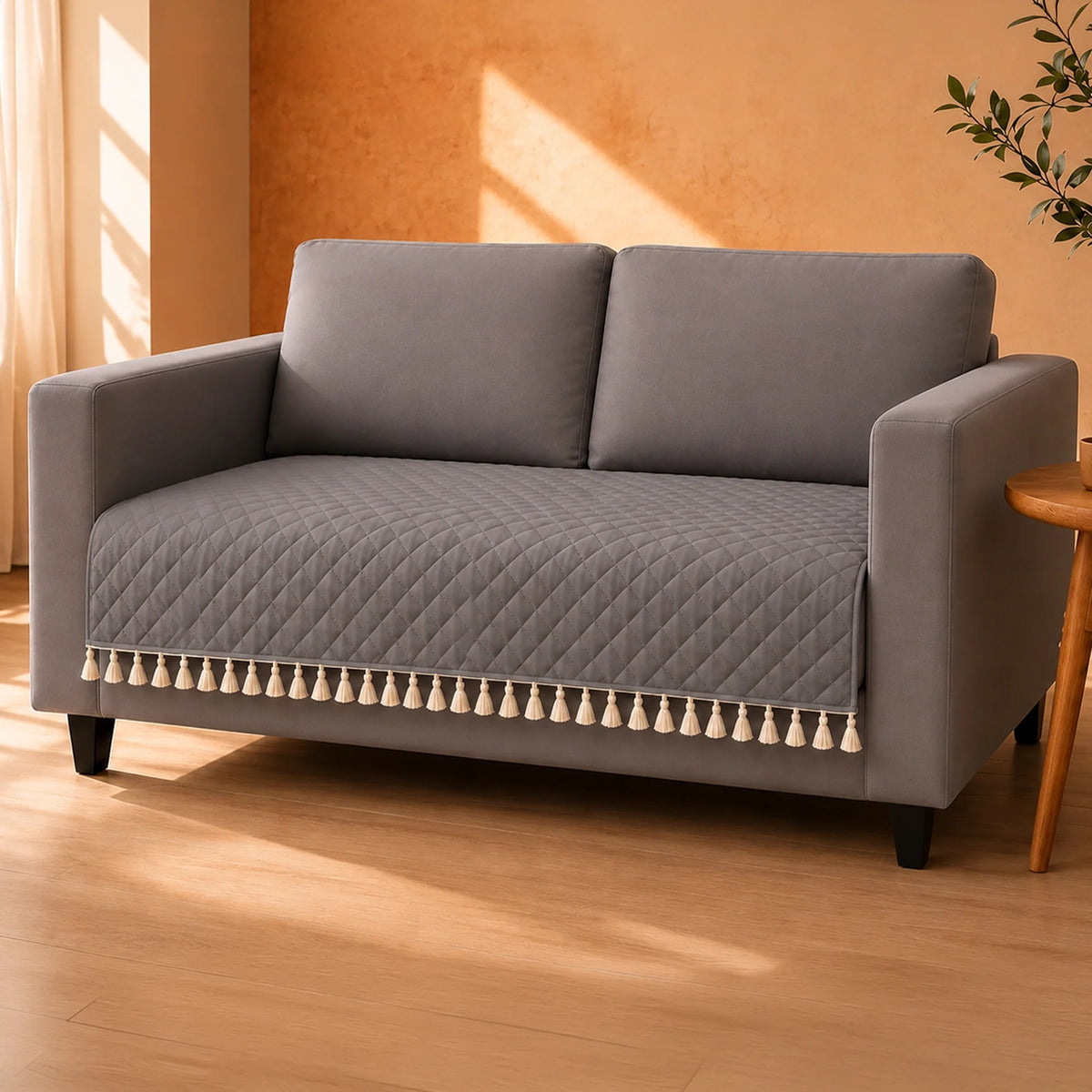 Quilted Velvet Sofa Cover with Tassels (Grey)