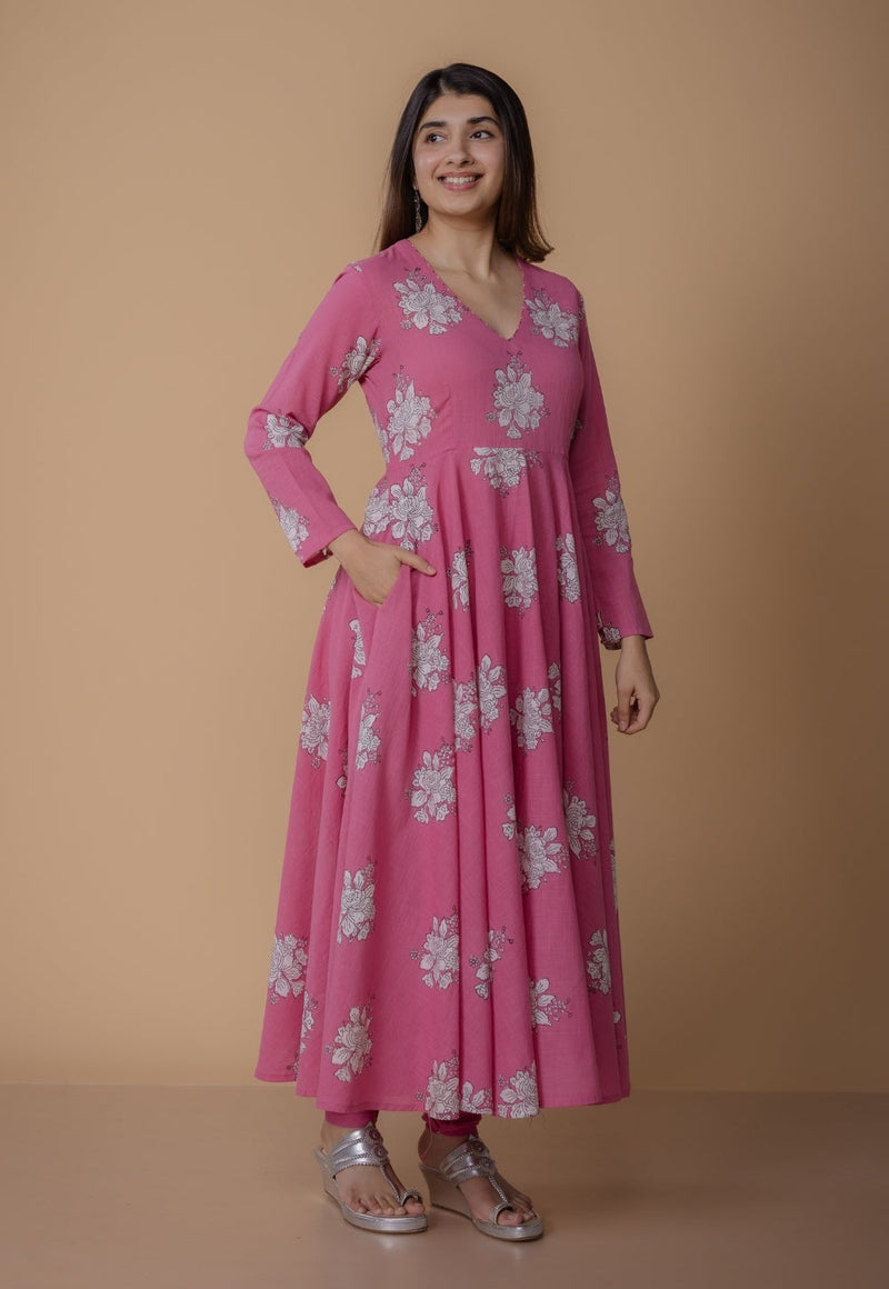 Ruvika Pink Dabu Slub Cotton A Line Kurta