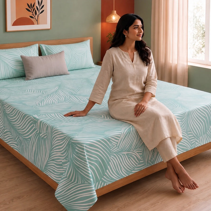 Mint Green Feather - Bedsheet (Green & White)-4