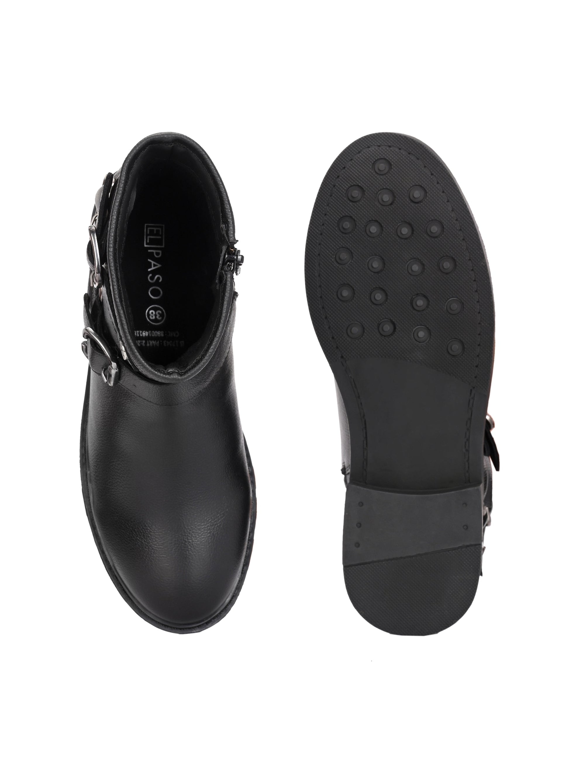 Black ankle-length boot with silver buckle accents and a low heel, perfect for casual or semi-formal wear.