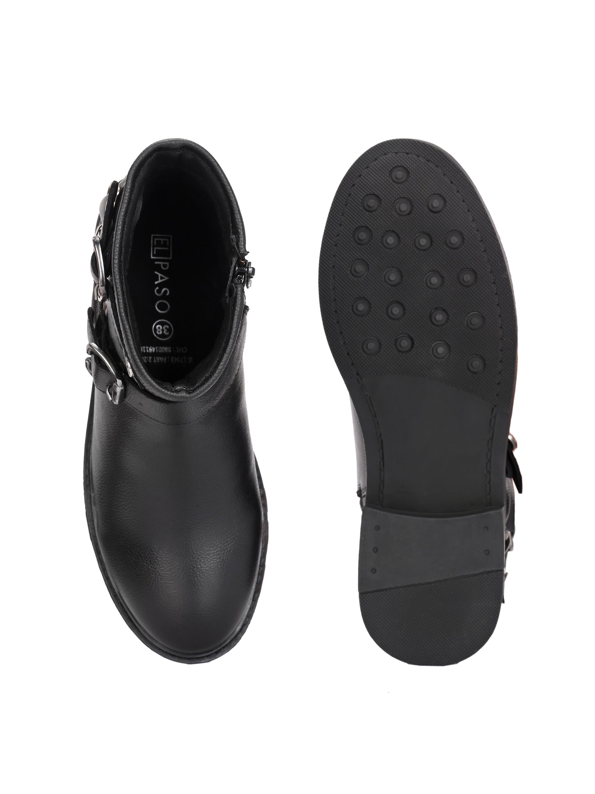 Black ankle-length boot with silver buckle accents and a low heel, perfect for casual or semi-formal wear.