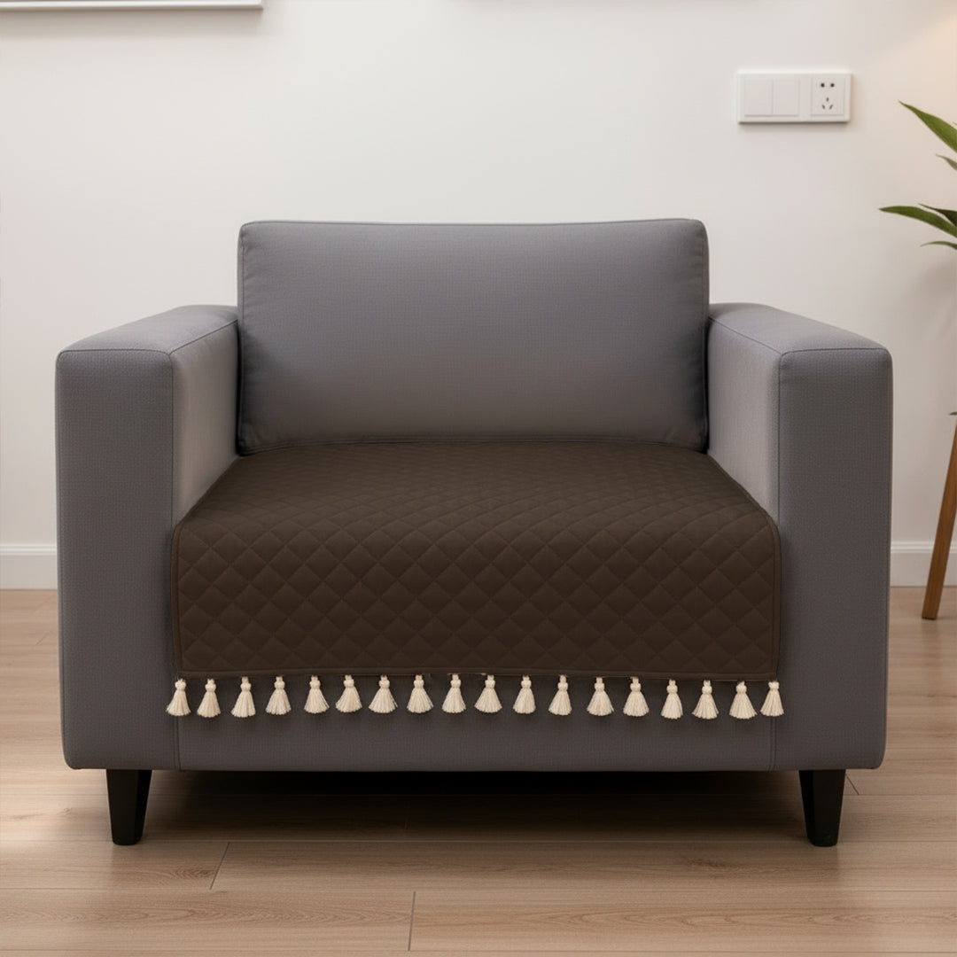 Quilted Velvet Sofa Cover with Tassels (Brown)-1