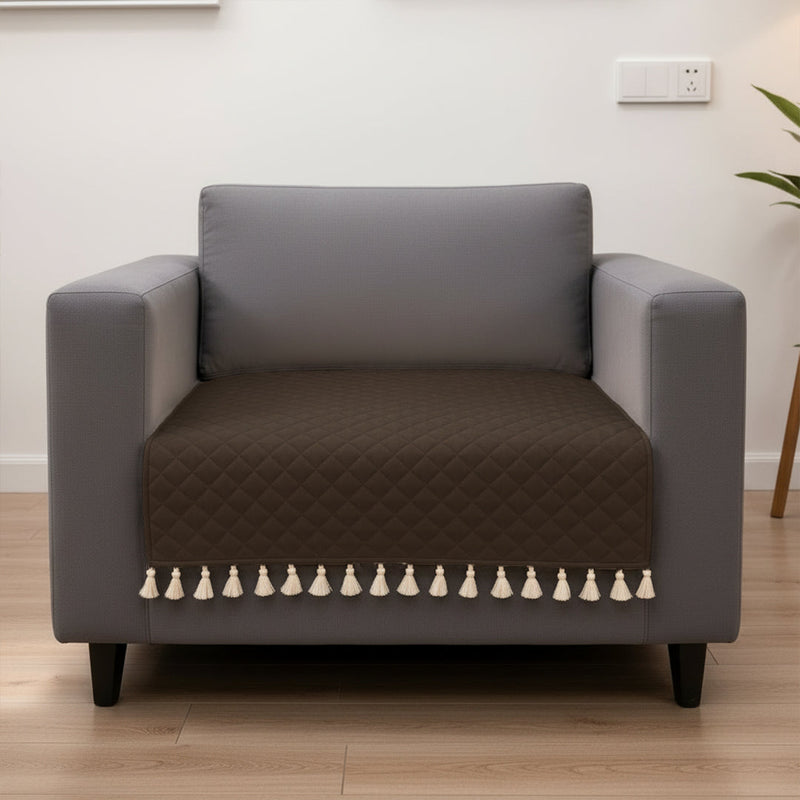 Quilted Velvet Sofa Cover with Tassels (Brown)-1