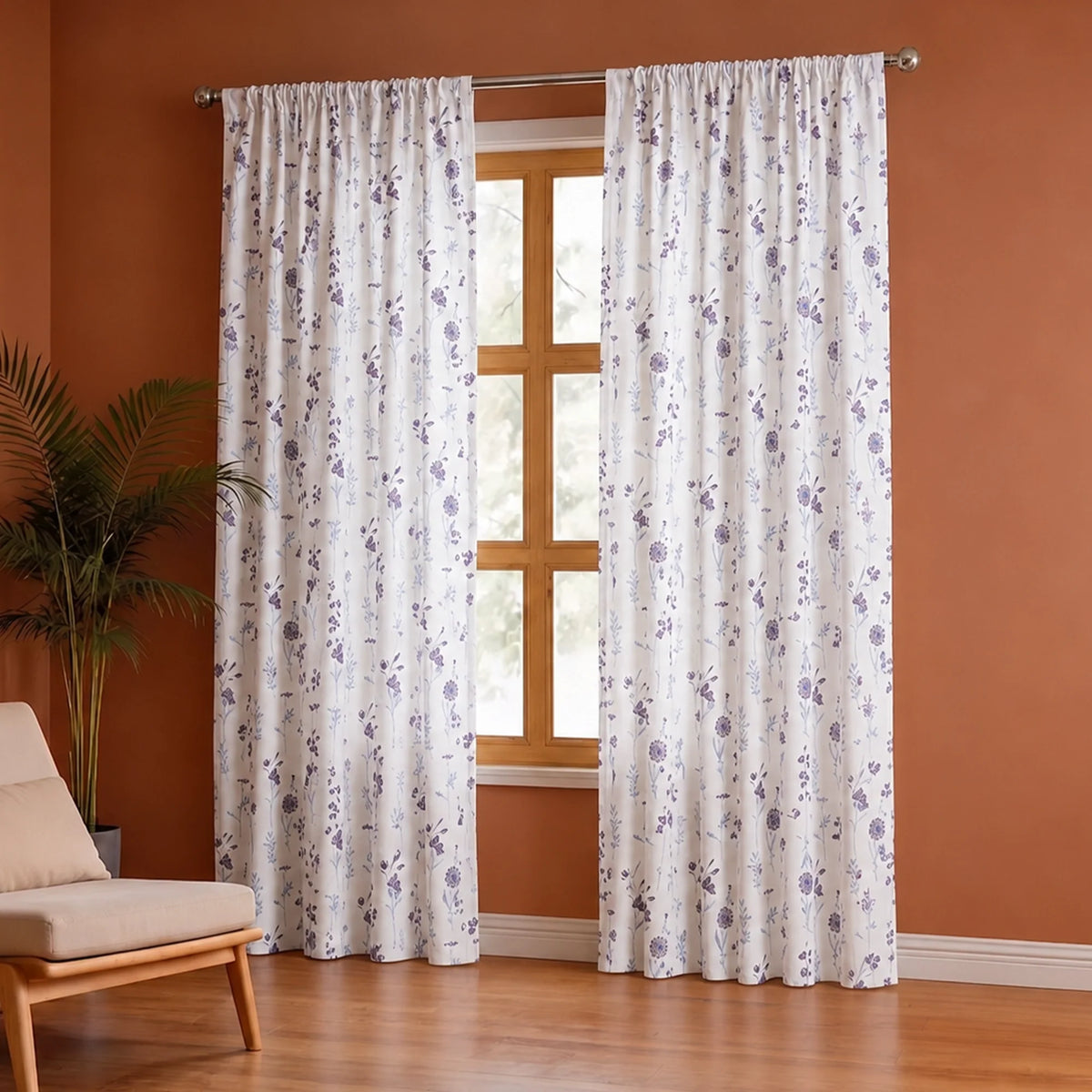 Blue & Purple Floral Flaux Rod Pocket Duck Curtain-4
