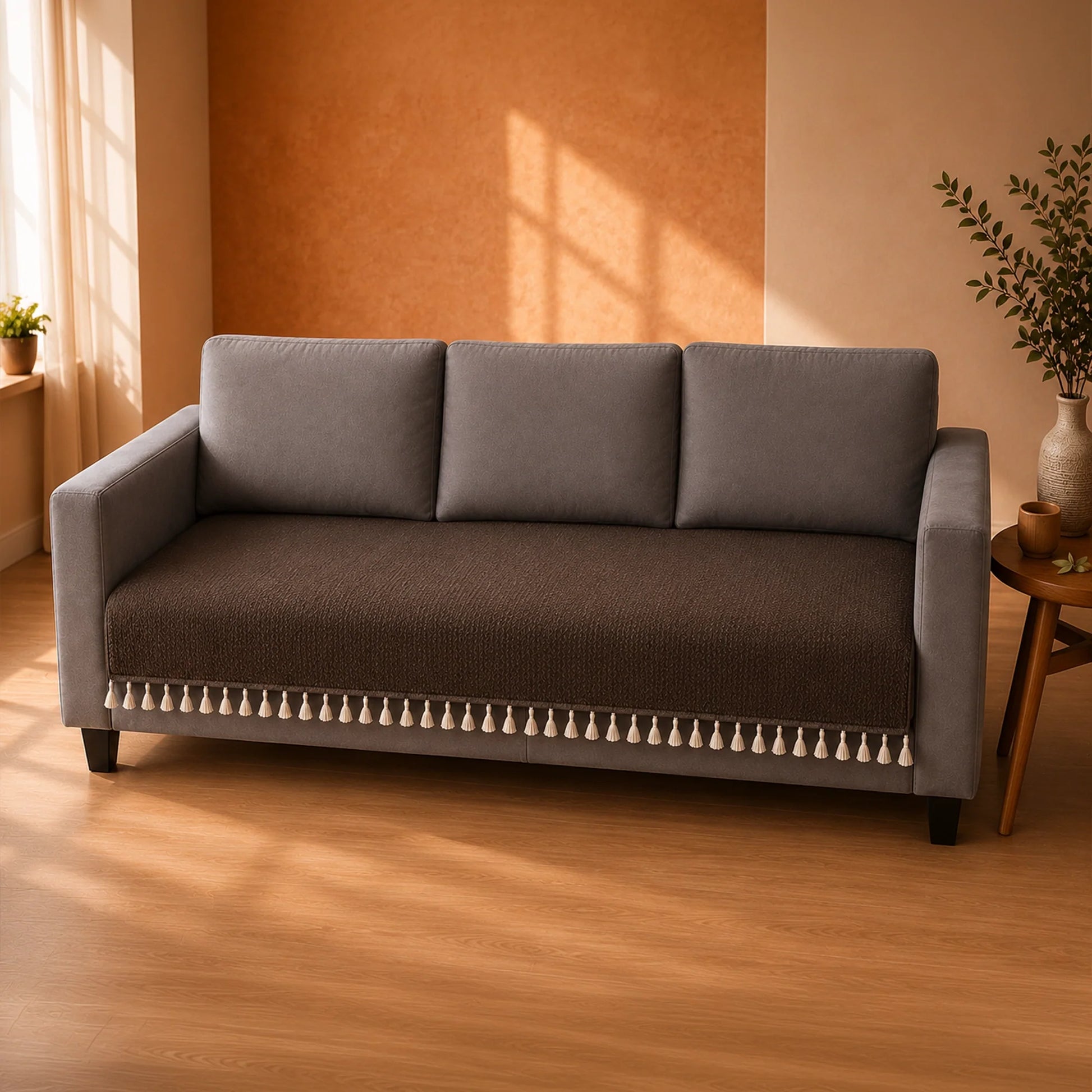 Chenille Solid Brown Sofa Cover-3