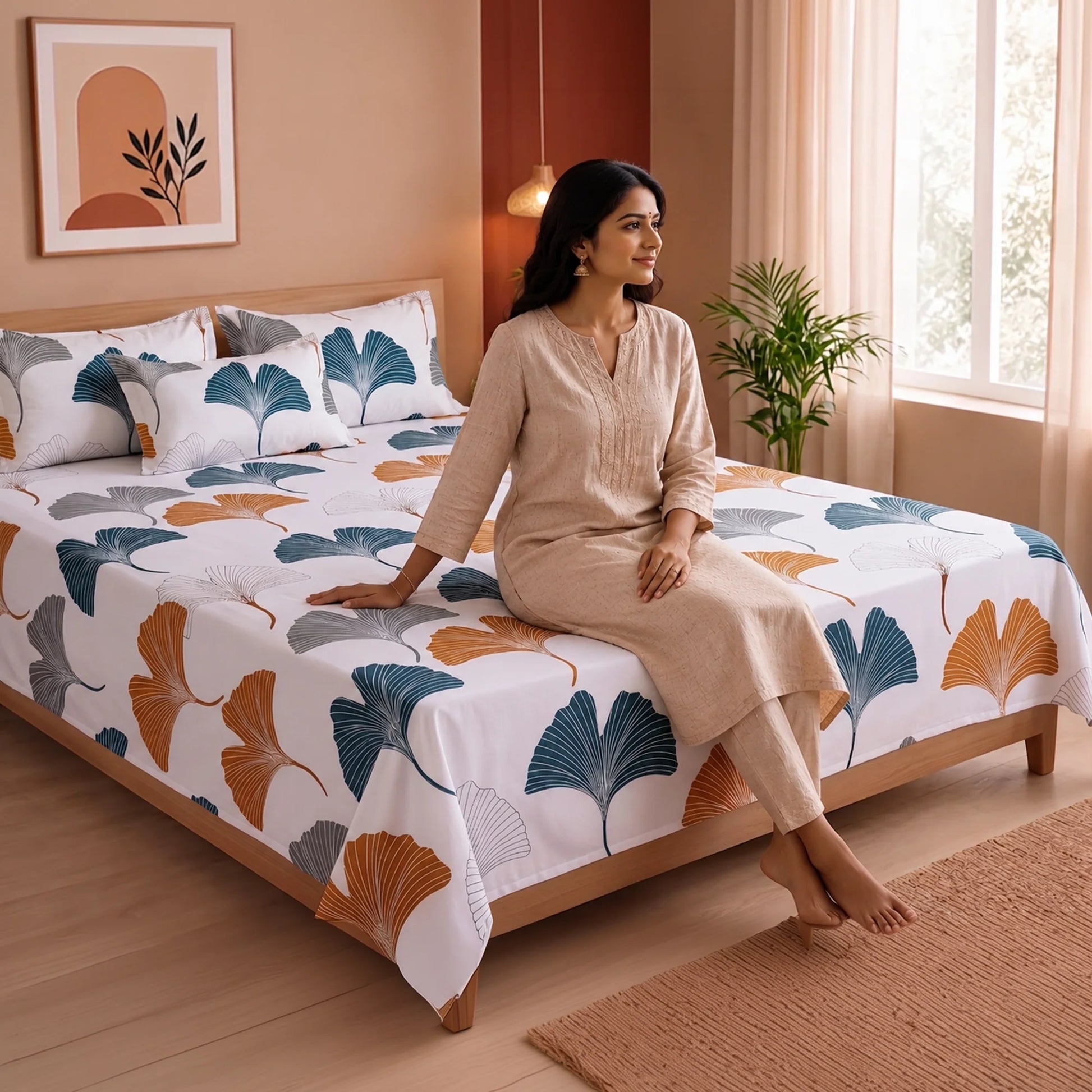 Imprimer Ginkyo - Floral Printed Bedsheet (Mustard & Grey)-4