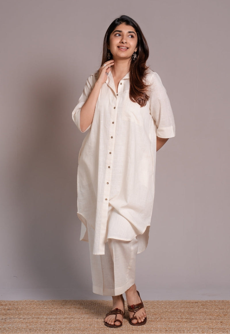 Off White Solid Slub Cotton Straight Co-Ord Set- DyeVerse