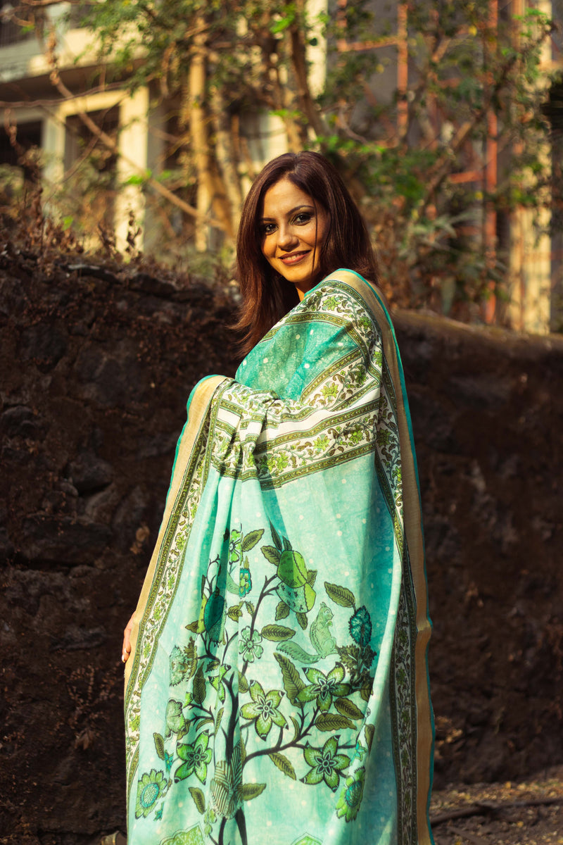 Cotton Kasavu Saree,Tree of Life Design • Sea Green-6
