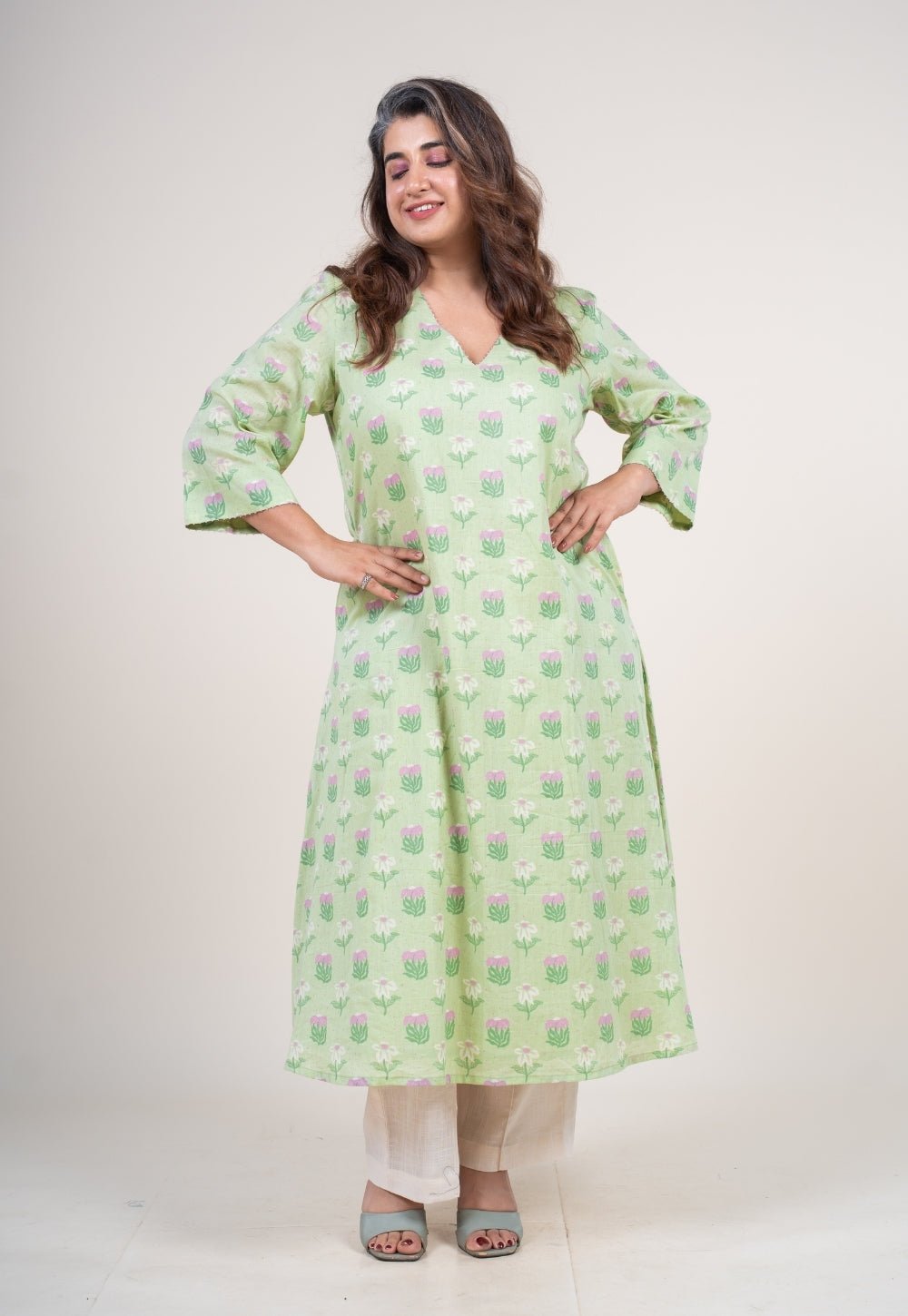 Reva Mint Green Printed Mul A Line Kurta with Hand Embroidery