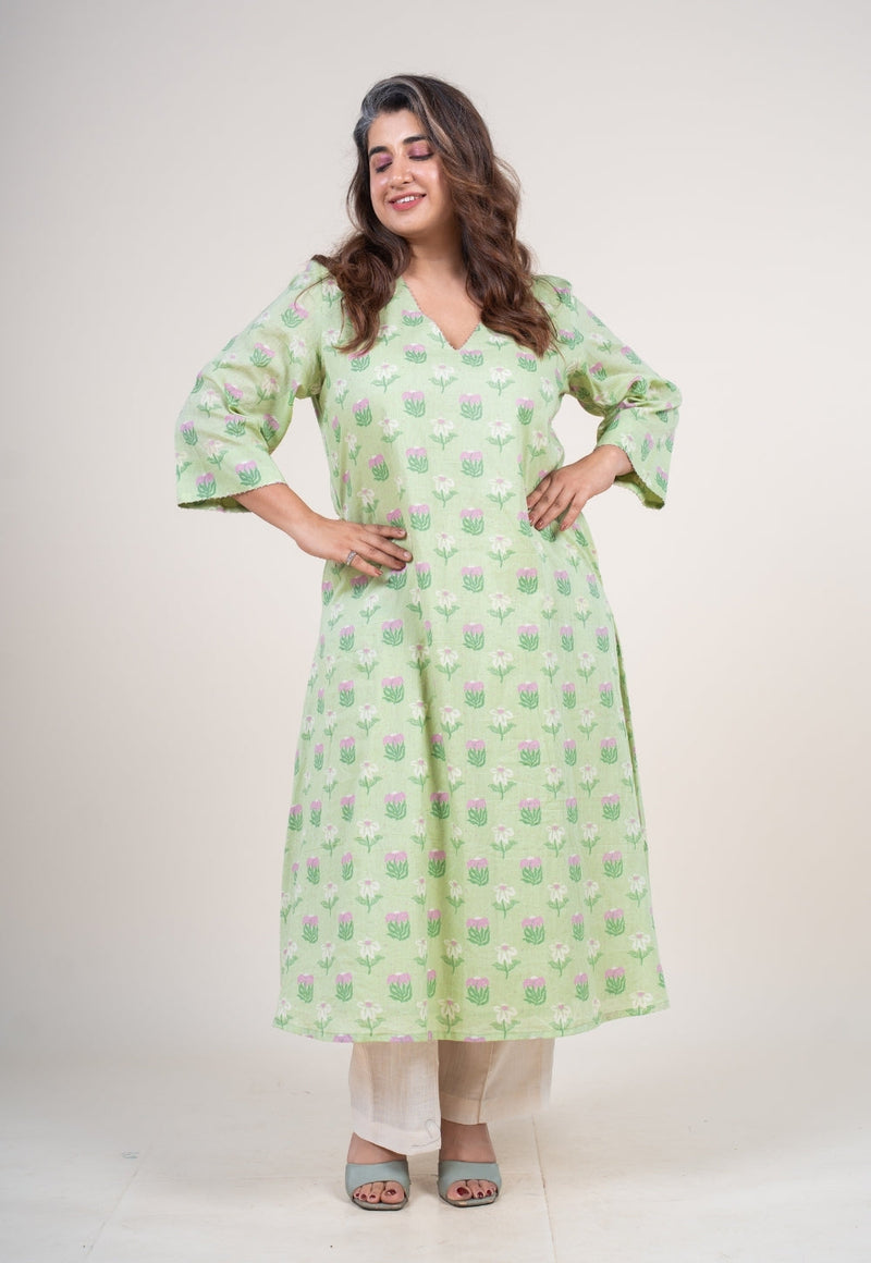 Reva Mint Green Printed Mul A Line Kurta with Hand Embroidery