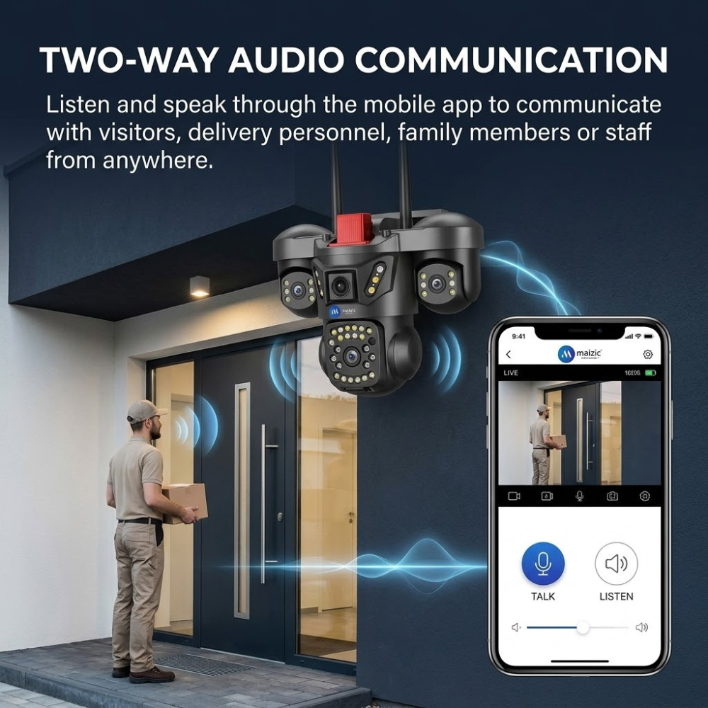 Maizic Smarthome Trion Triple Lens 5MP×3 WiFi Outdoor CCTV Camera | 3-Screen Live View | 360° Pan-Tilt | AI Motion Detection | Full-Color Night Vision | Two-Way Talk | Mobile App Control