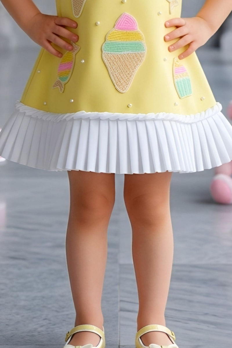 Lemon Yellow Ice Cream Appliqué Party Wear Frock with Pleated Ruffle Sleeves For Girls