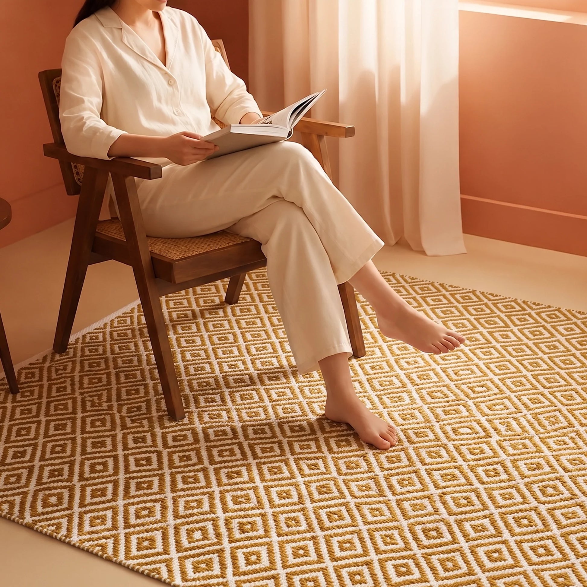 Tessitura Confetti - Diamond Cotton Rug (Mustard & White)-5