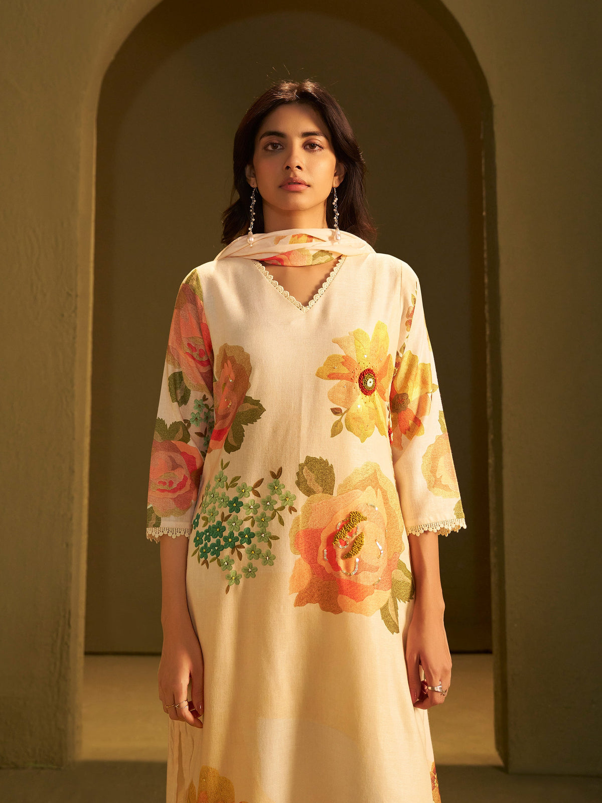 Ananya Beige Linen Printed Set