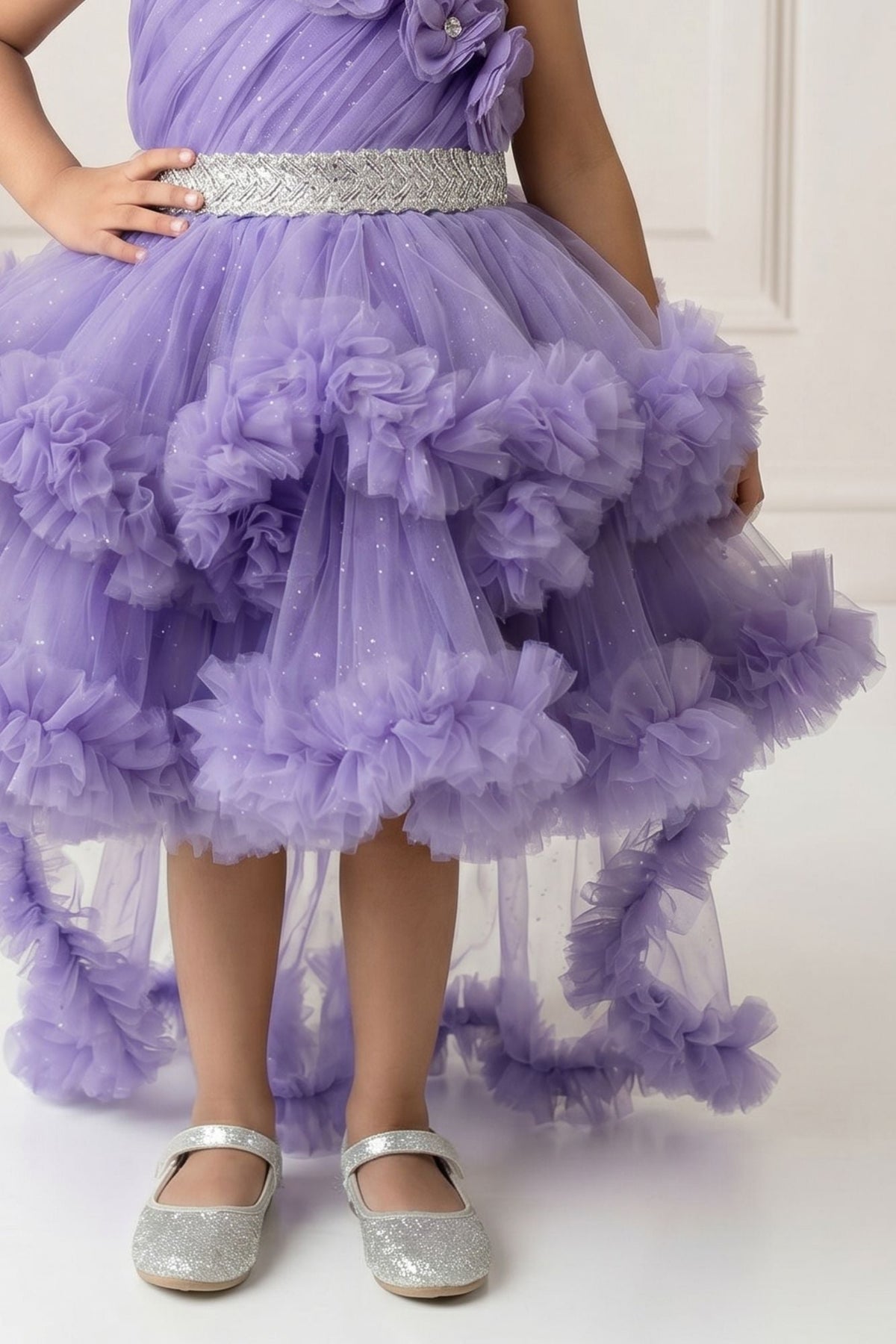 Lavender Floral Appliqué Layered High-Low Party Wear Frock For Girls