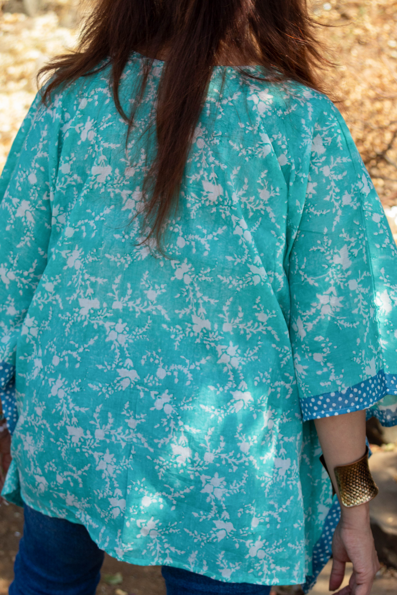 Hand Block Printed and Hand Painted Cotton Mul Kaftan · Teal Jaal-3