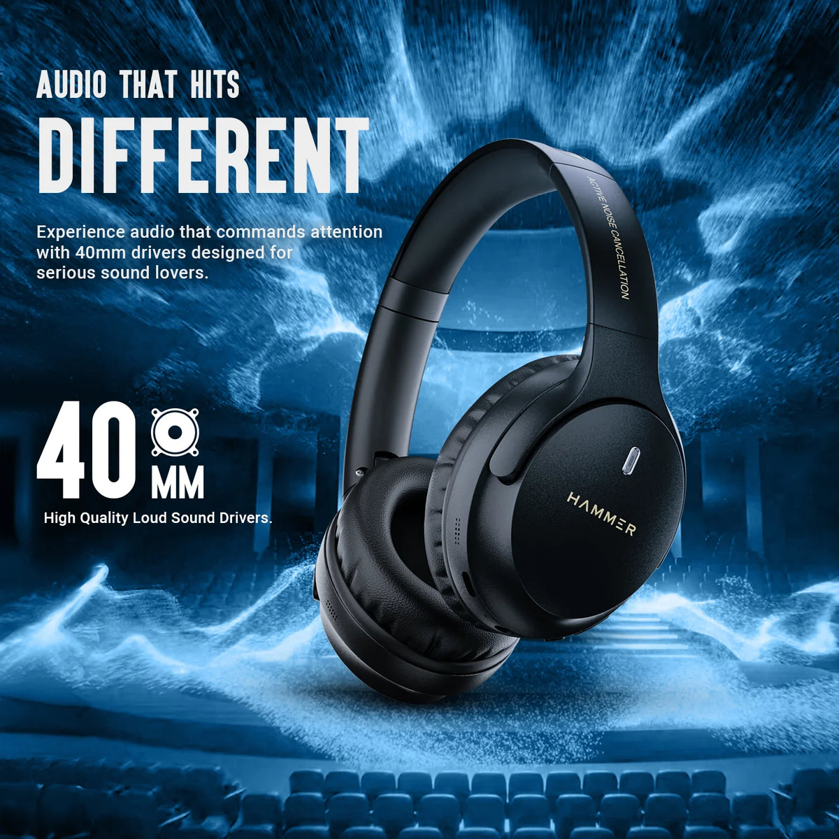 Hammer Bash Vivid ANC Wireless Bluetooth Over-Ear Headphones with 23 dB 70h Playtime, Type-C Fast Charging, Foldable Black-8