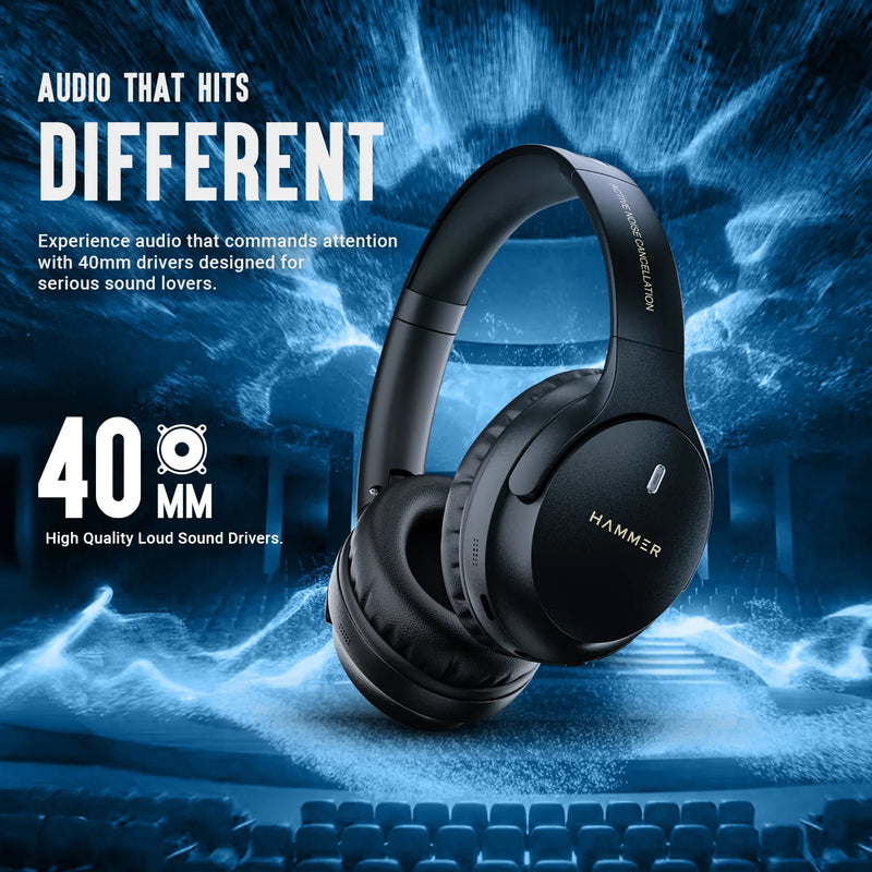 Hammer Bash Vivid ANC Wireless Bluetooth Over-Ear Headphones with 23 dB 70h Playtime, Type-C Fast Charging, Foldable Black-8