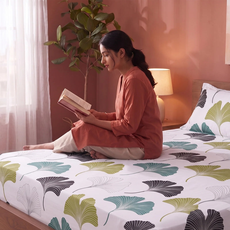 Imprimer Ginkyo - Floral Printed Fitted Bedsheet (Blue & Green)-4
