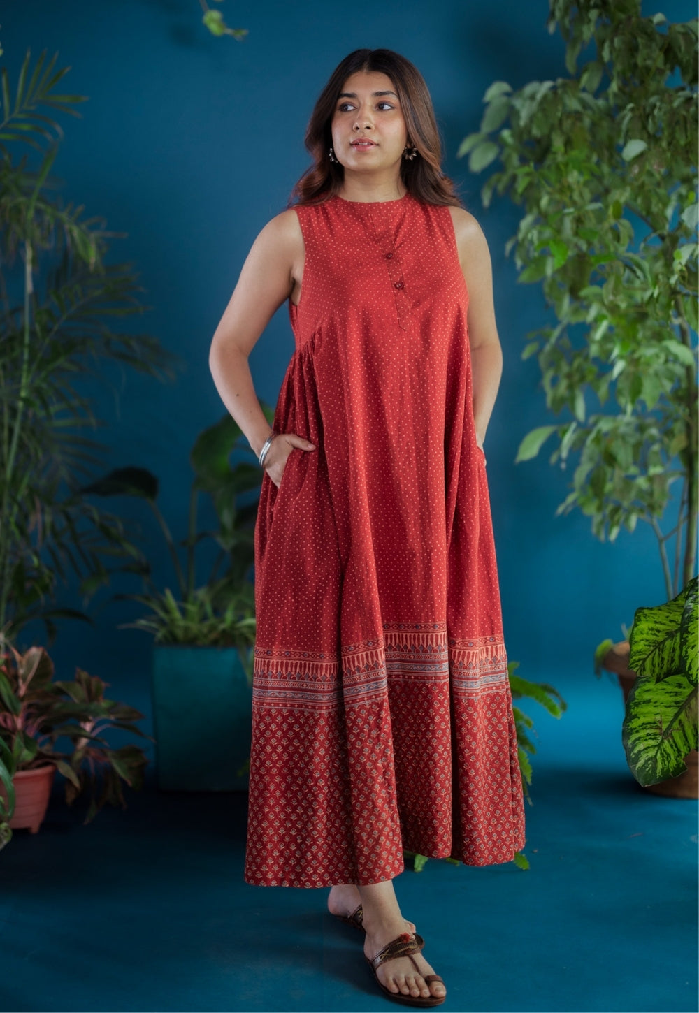 Zivaa Red Ajrakh Cotton A Line Dress