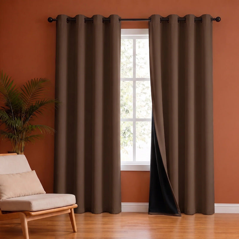 Fort Essential Abstract - Eyelet Black Backing Blackout Curtain (Brown)-4