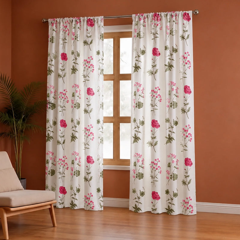Pink Floral Printed Rod Pocket Duck Curtain-4