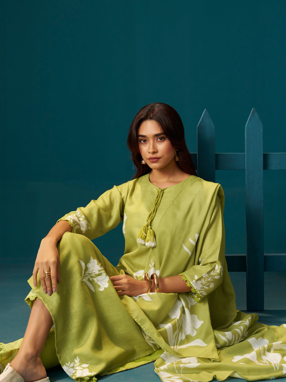 Bahar Green Mul Linen Suit Set