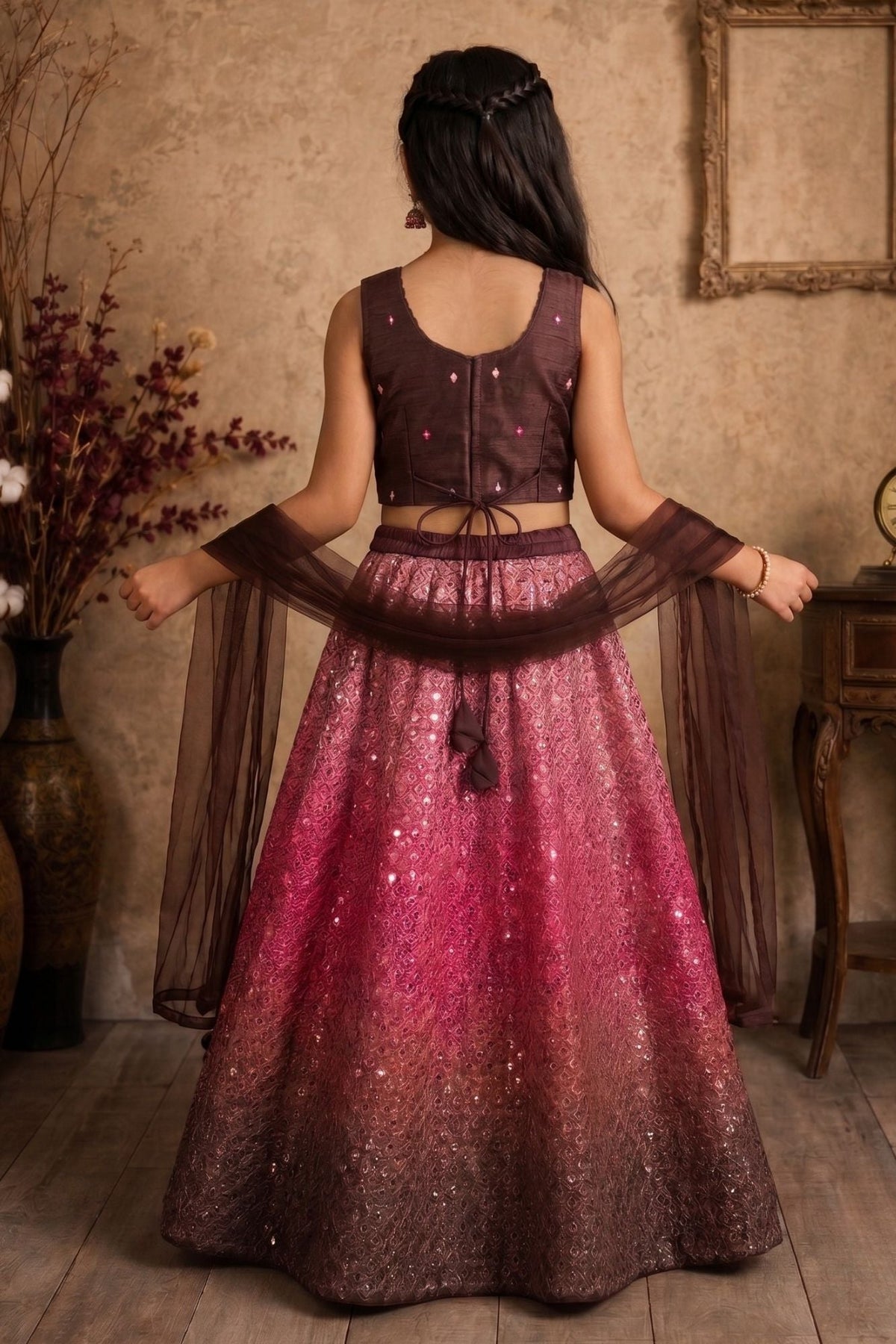 Pink and Brown Ombre Sequin Lehenga Choli Set with Dupatta