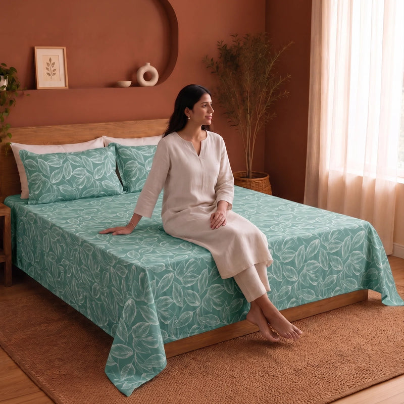 Imprimer Lilac - Leaf Printed Bedsheet (Aqua Blue)-4