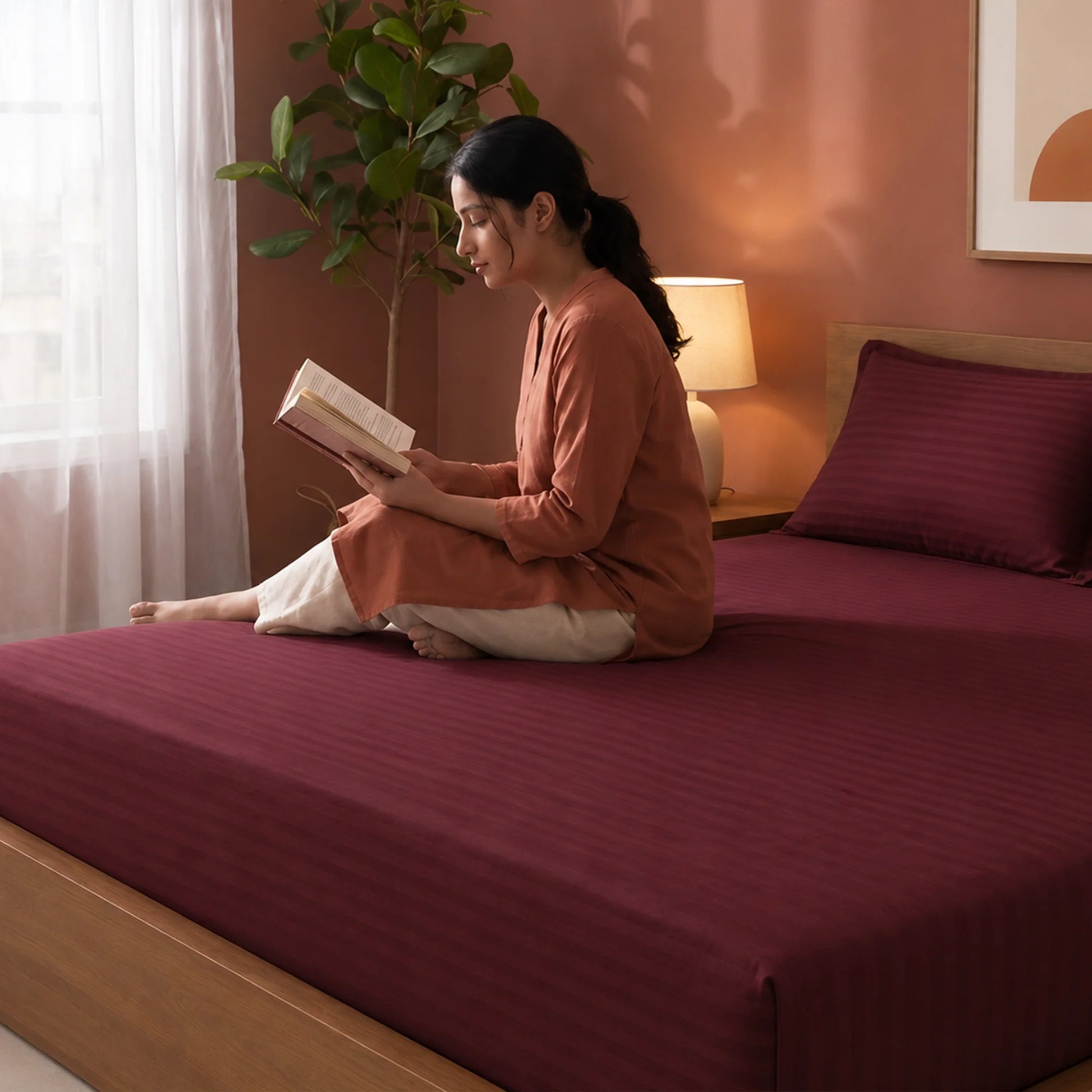 Breton Drift - Satin Stripes Fitted Bedsheet (Maroon)-4
