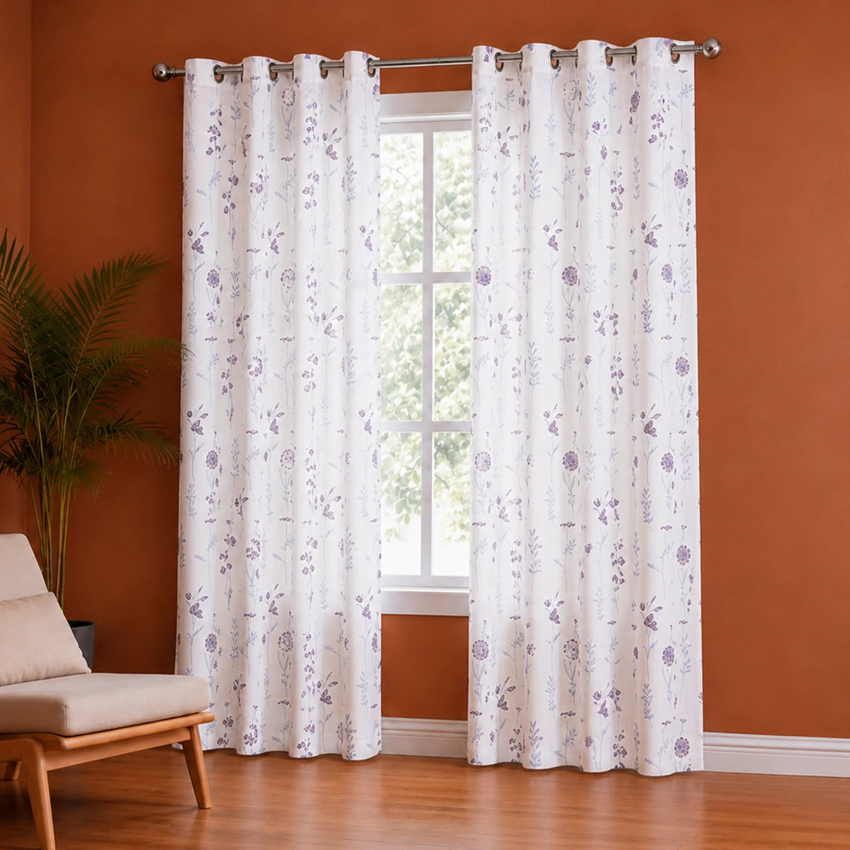 Blue & Purple Floral Flaux Eyelet Duck Curtain-4