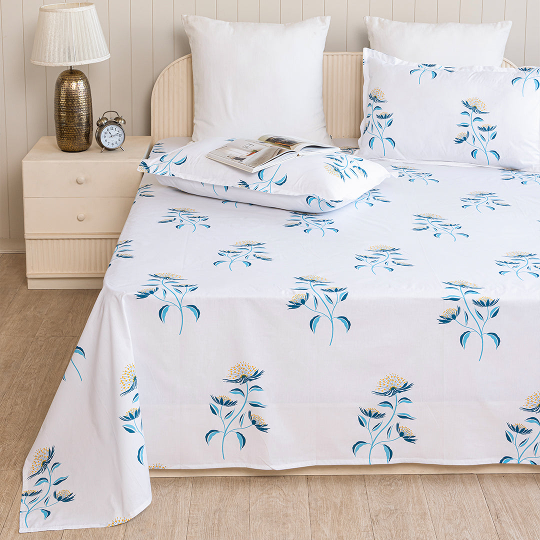 Wild Grace Flower - Floral Bedsheet (Turquoise & Blue)-4