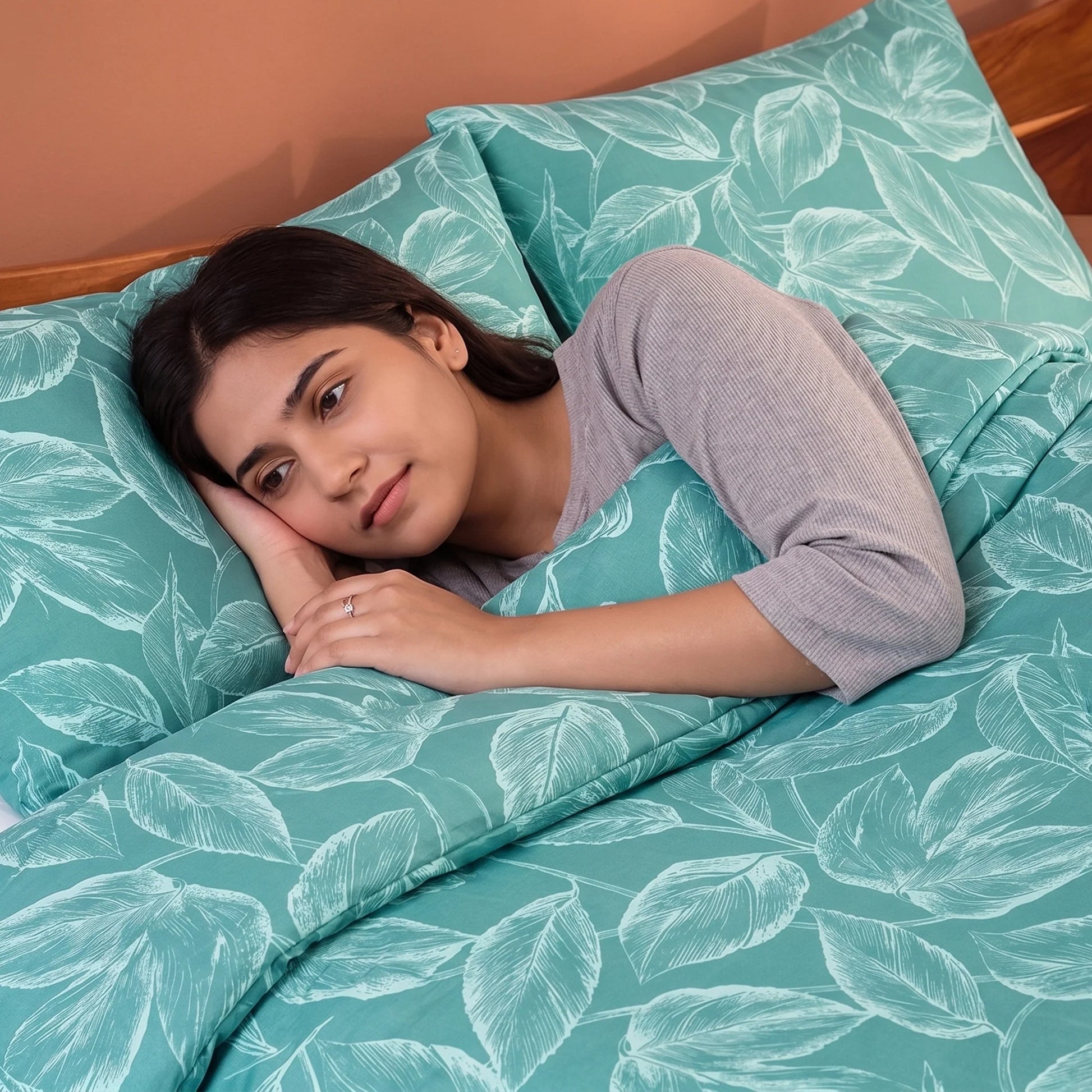 Imprimer Lilac - Leaf Printed Duvet Cover (Aqua Blue)-4