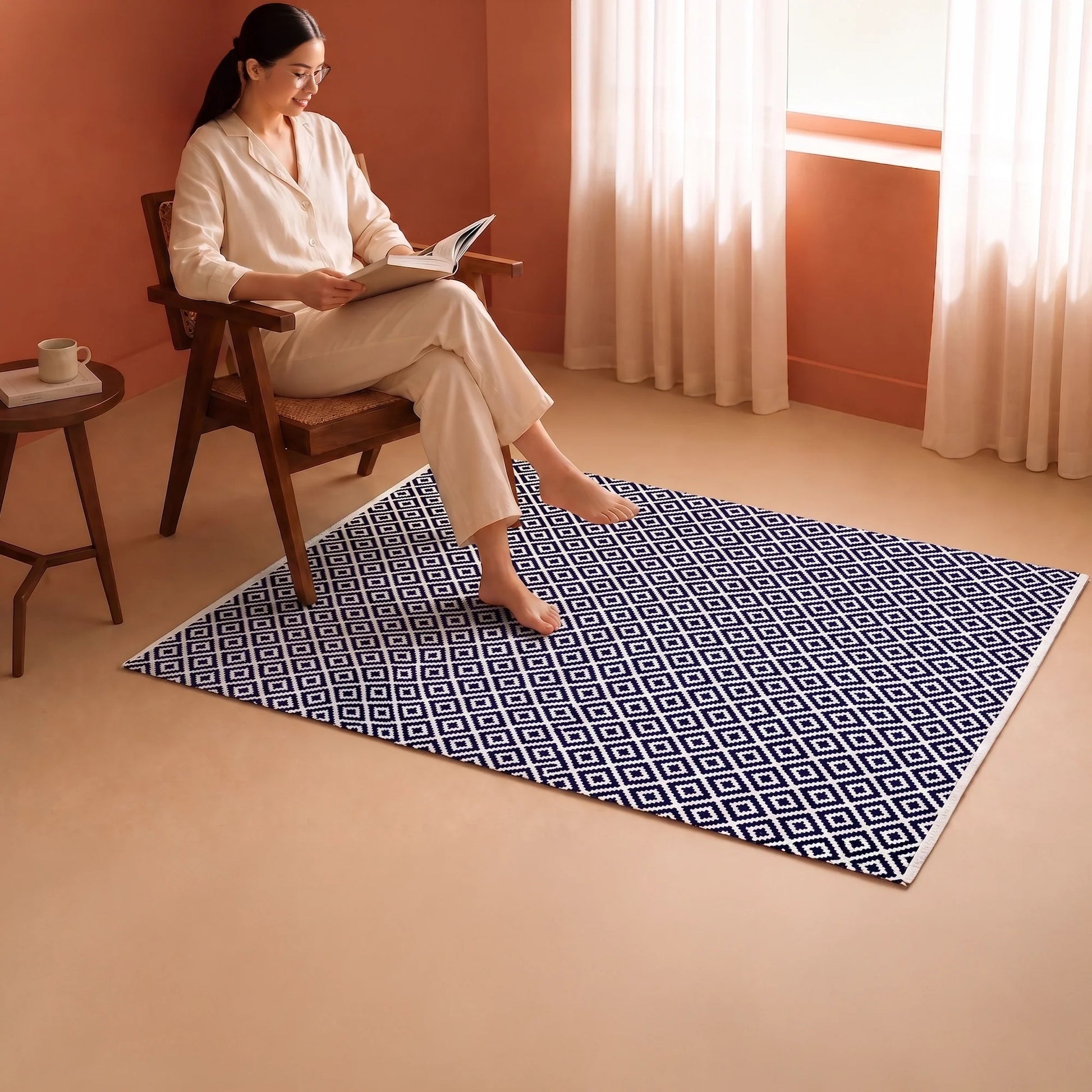 Tessitura Confetti - Diamond Cotton Rug (Blue & White)-5