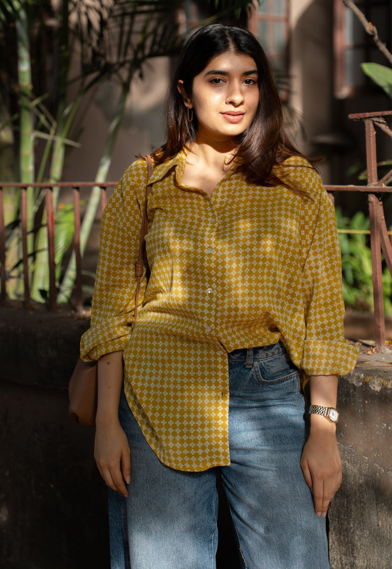 Ruhi Yellow Bagru Cotton Straight Shirt