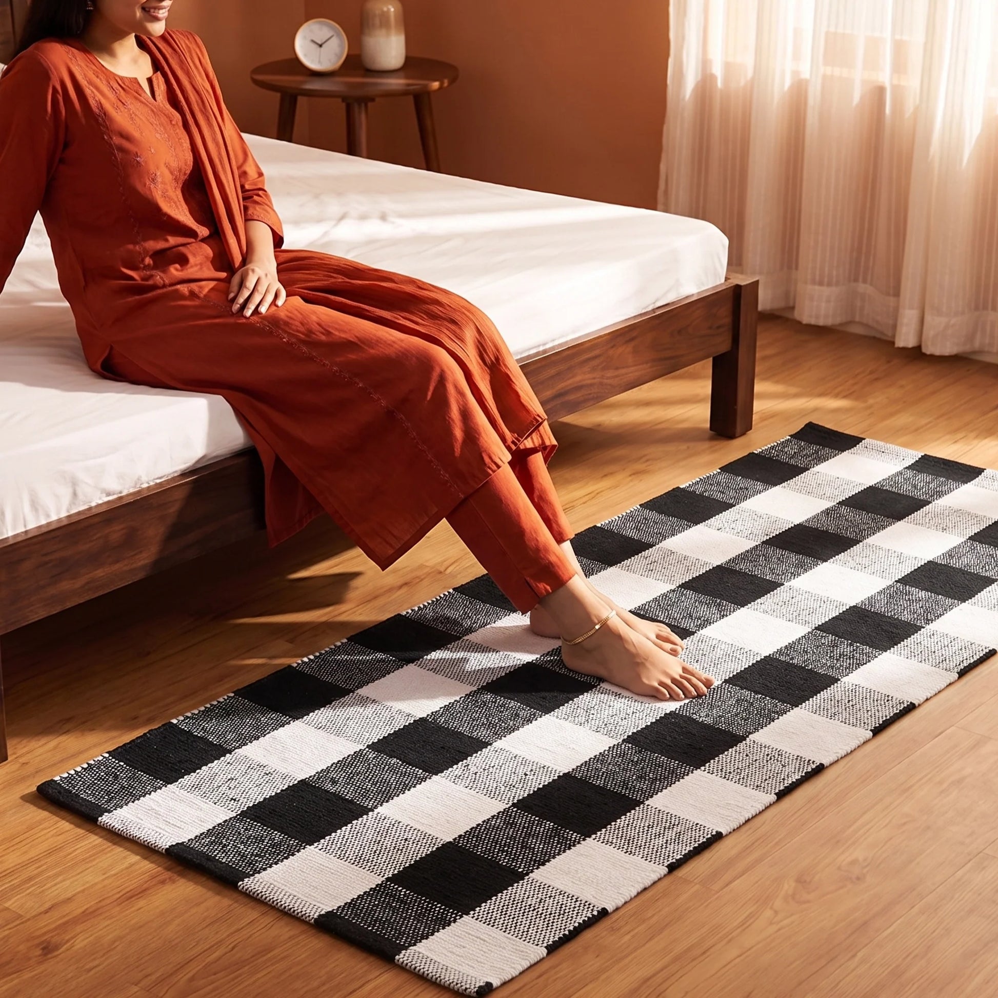 Breton Shadowplay - Plaid Cotton Rug (Black & White)-7